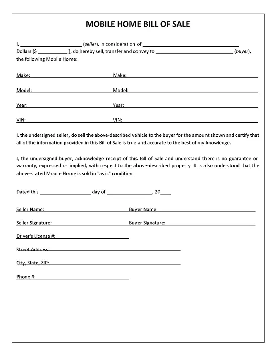 Kansas Mobile Home Bill of Sale Word