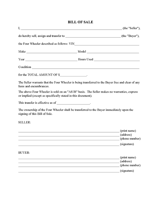 Maryland Four Wheeler Bill of Sale Form