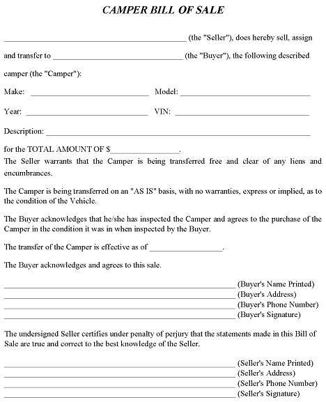 Alabama Camper Bill of Sale Form Word