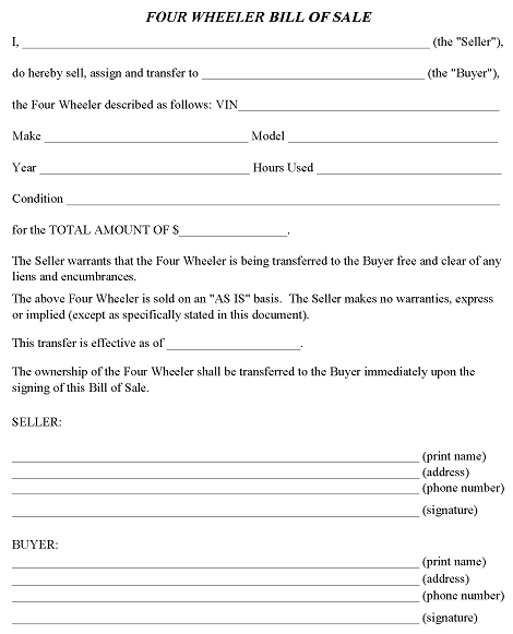 Alabama Four Wheeler Bill of Sale Form