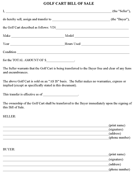 Alabama Golf Cart Bill of Sale Form