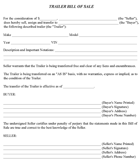 Alabama Trailer Bill of Sale Form