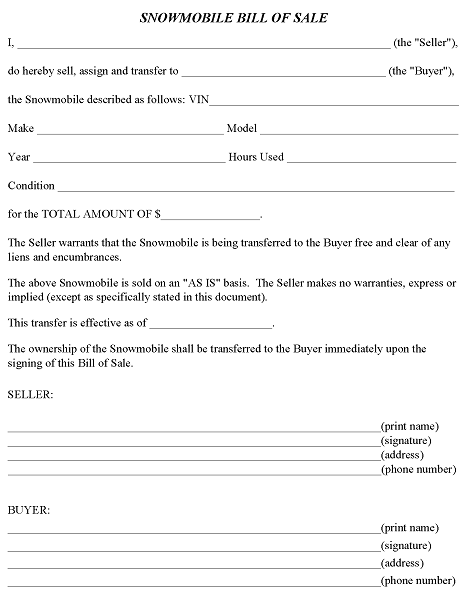 Alaska Snowmobile Bill of Sale Form