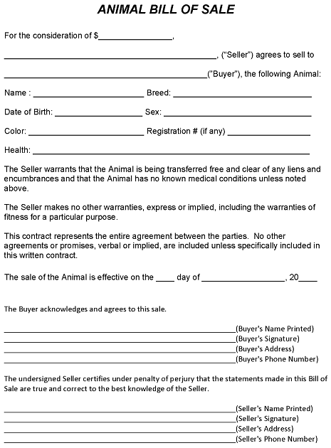 Animal Bill of Sale Form