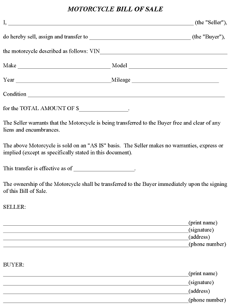 Arizona Motorcycle Bill of Sale Form Word