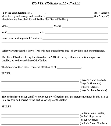Arizona Travel Trailer Bill of Sale Form PDF