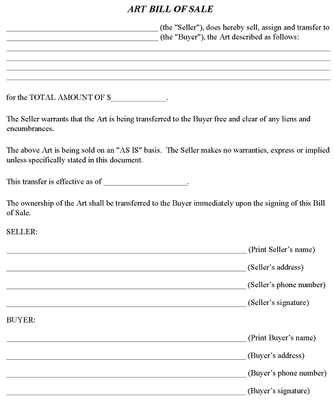 Art Bill of Sale Form