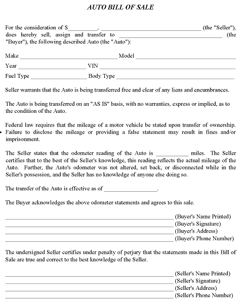 As Is Auto Bill of Sale Form