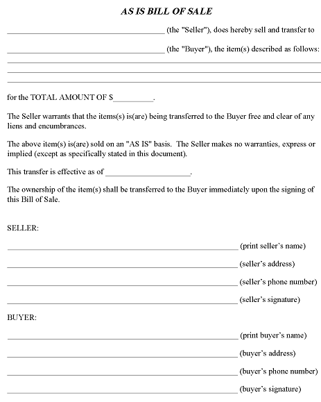 As Is Bill of Sale Form Example