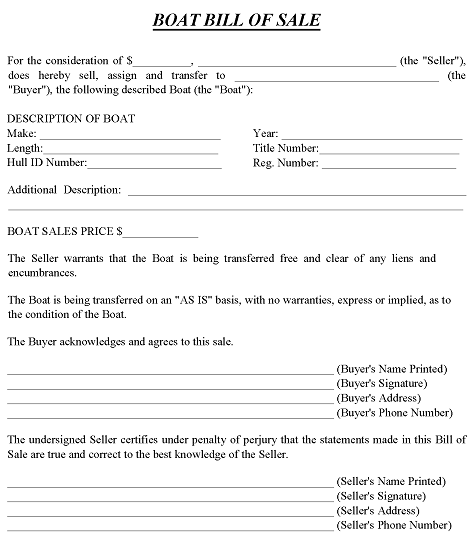 As Is Boat Bill of Sale Form