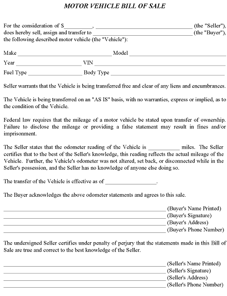 As Is Motor Vehicle Bill of Sale Form