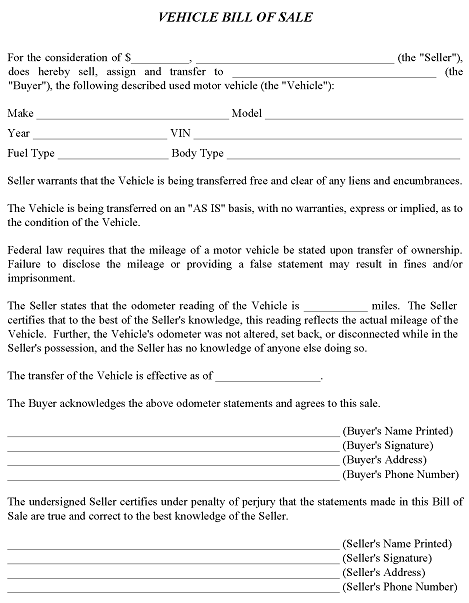 As Is Vehicle Bill of Sale Form