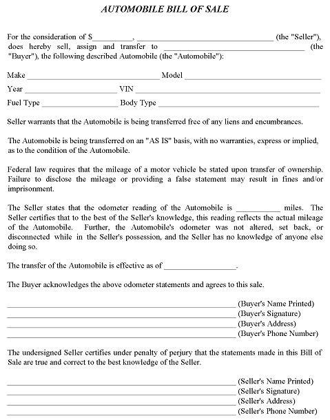 Automobile As Is Bill of Sale Form