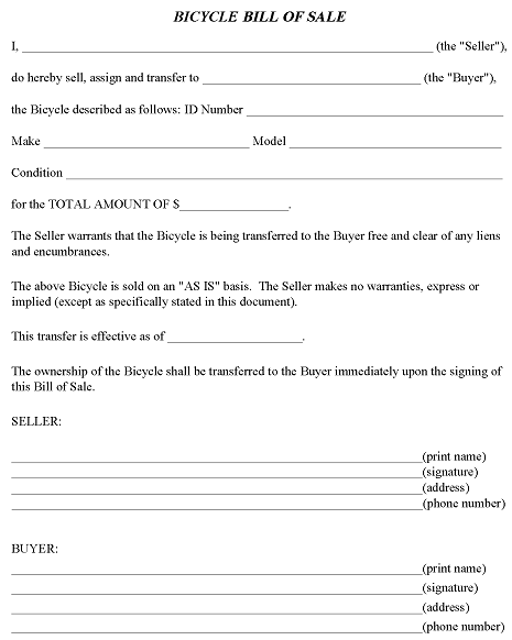 Bicycle Bill of Sale Form