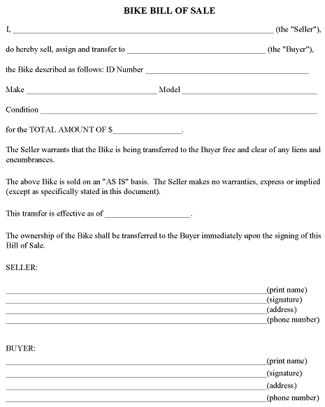 Bike Bill of Sale Form