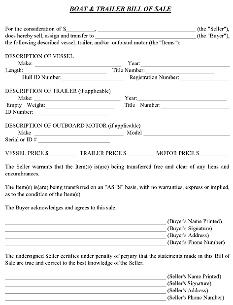 Boat And Trailer Bill of Sale Form