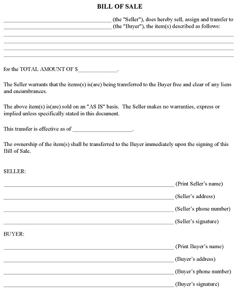 California Simple Bill of Sale Form