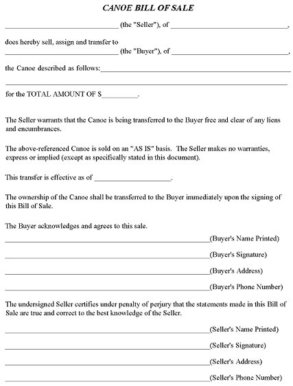 Canoe Bill of Sale Form