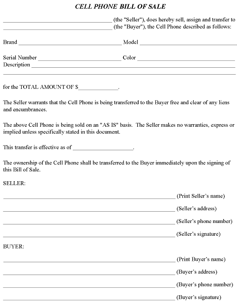 Cell Phone Bill of Sale Form