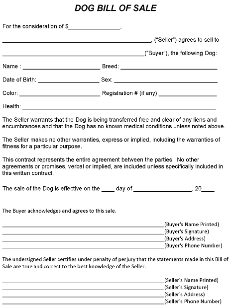 Dog Bill of Sale Form PDF