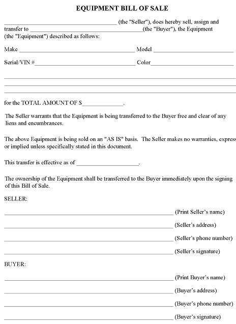 Equipment Bill of Sale Form