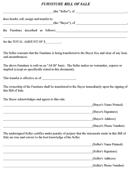 Furniture Bill of Sale Form