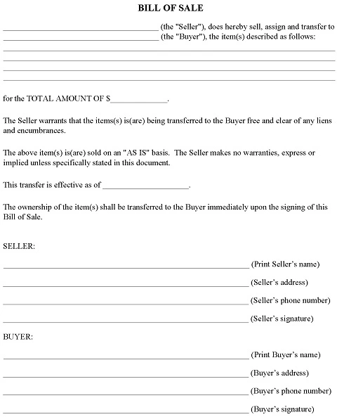 Generic Bill of Sale Form Word
