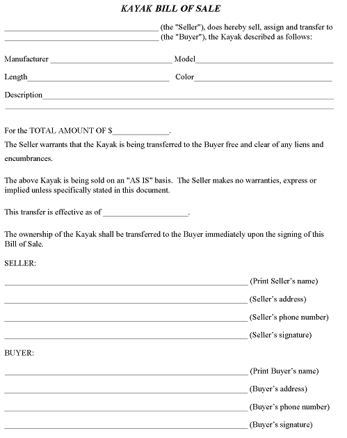 Hawaii Kayak Bill of Sale Form