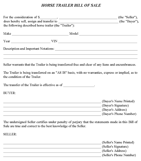 Horse Trailer Bill of Sale Form