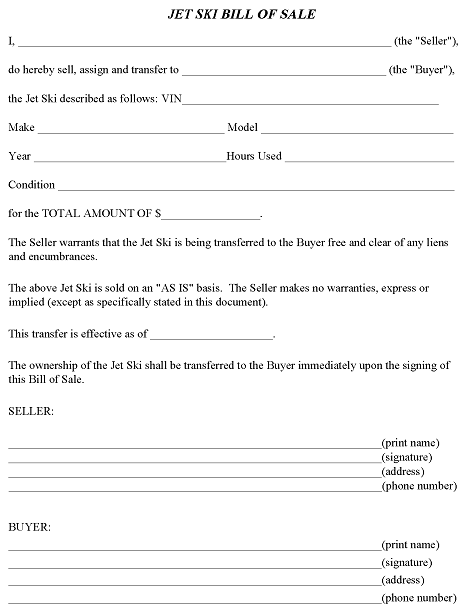 Jet Ski Bill of Sale Form