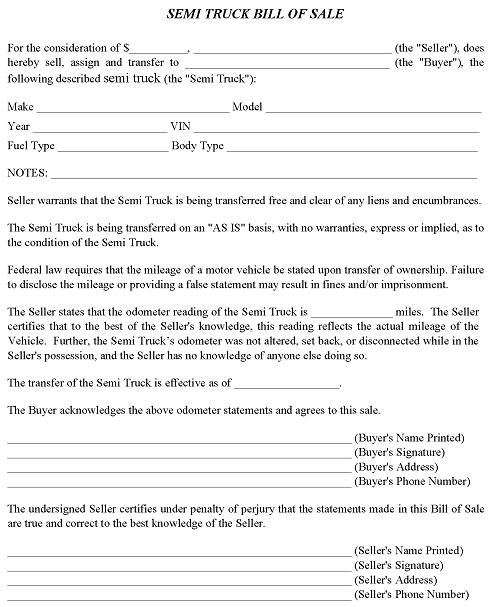 Kentucky Semi Truck Bill of Sale Form