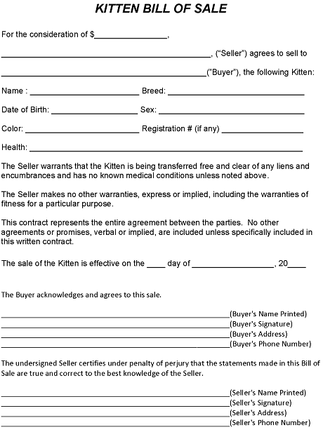 Kitten Bill of Sale Form