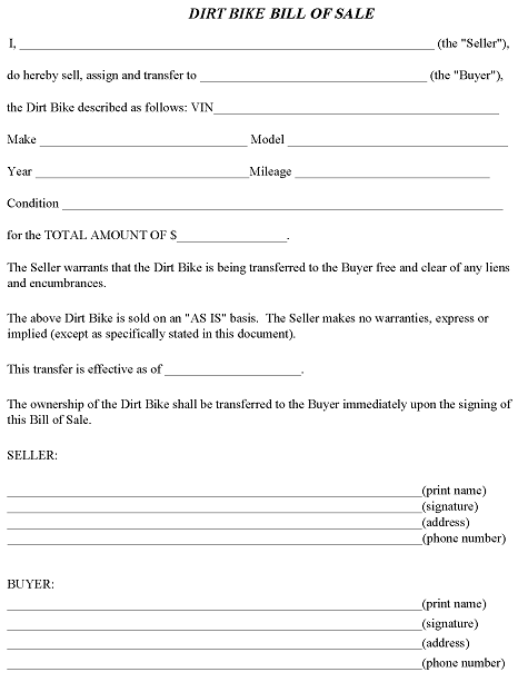 Massachusetts Dirt Bike Bill of Sale PDF
