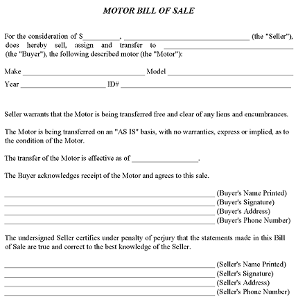 Motor Bill of Sale Form