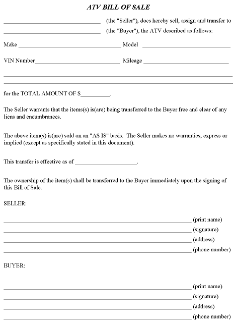 North Carolina ATV Bill of Sale Form Word