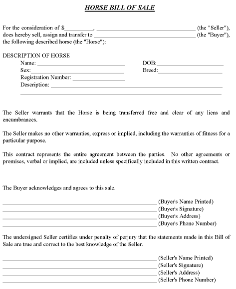 Oklahoma Horse Bill of Sale Word