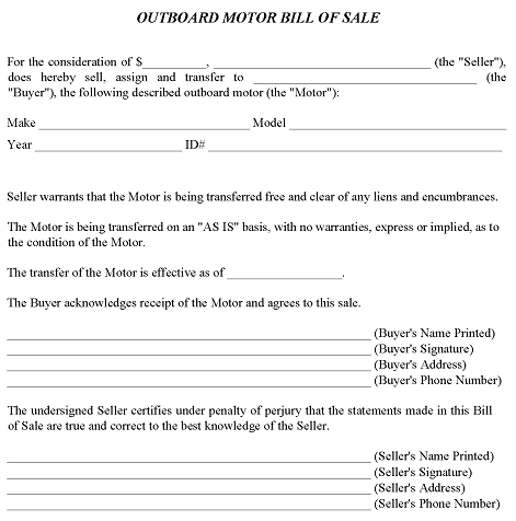 Outboard Motor Bill of Sale Form