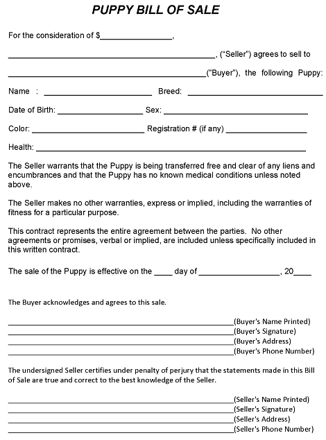 Puppy Bill of Sale Form PDF