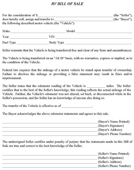 RV Bill of Sale Form Word