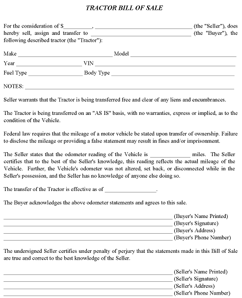 Tractor Bill of Sale Form