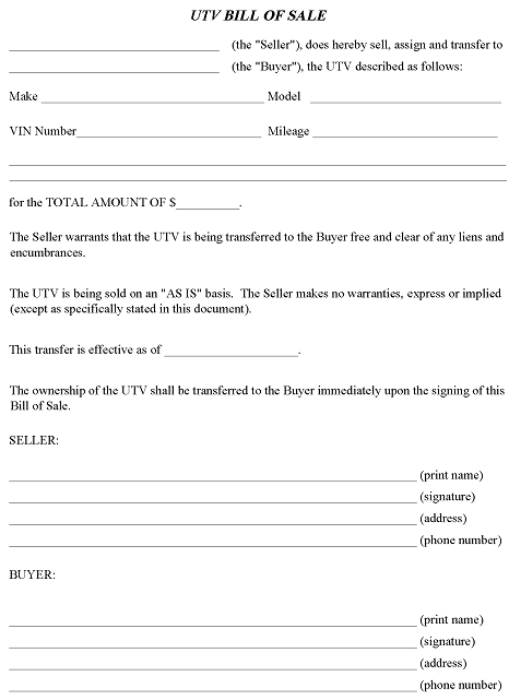 UTV Bill of Sale Form