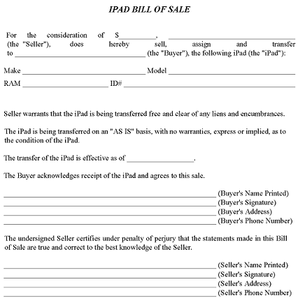 iPad Bill of Sale Form