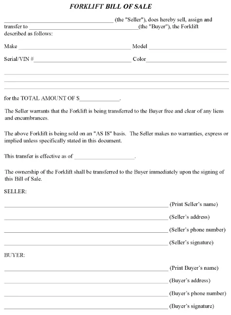 Forklift Bill of Sale Form