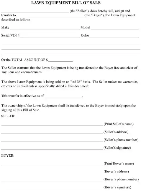 Lawn Equipment Bill of Sale Form