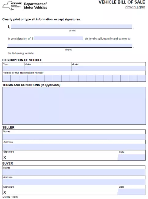 New York RV Bill of Sale Form