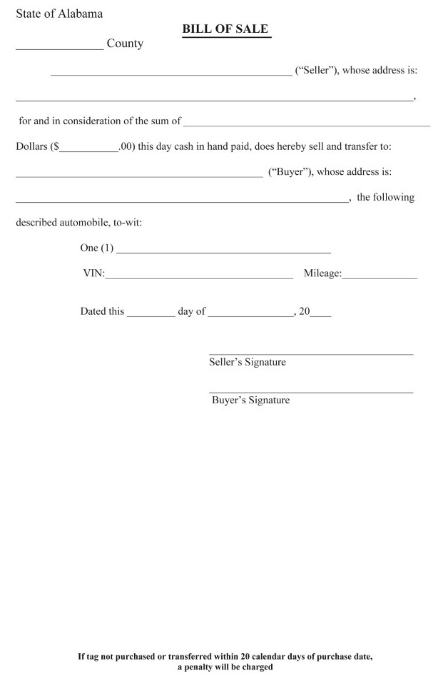 Alabama Motor Vehicle Bill of Sale Form