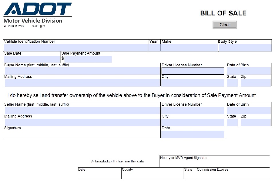 Arizona Motor Vehicle Bill of Sale Form ADOT 48-2004