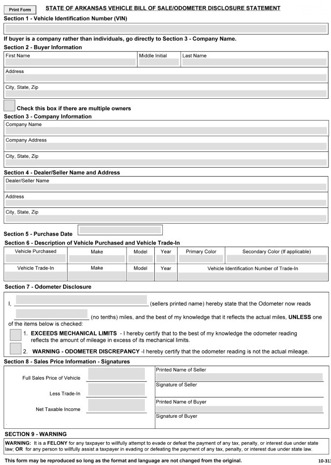 Arkansas Motor Vehicle Bill of Sale Form