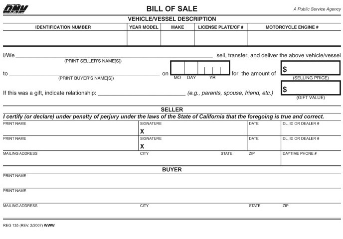 California Motor Vehicle Bill of Sale Form CA Reg 135