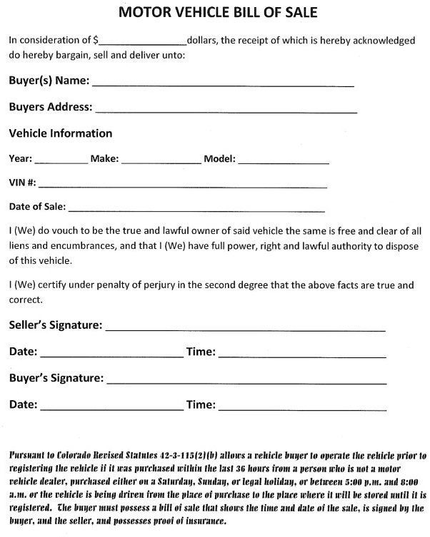 Colorado Motor Vehicle Bill of Sale Form